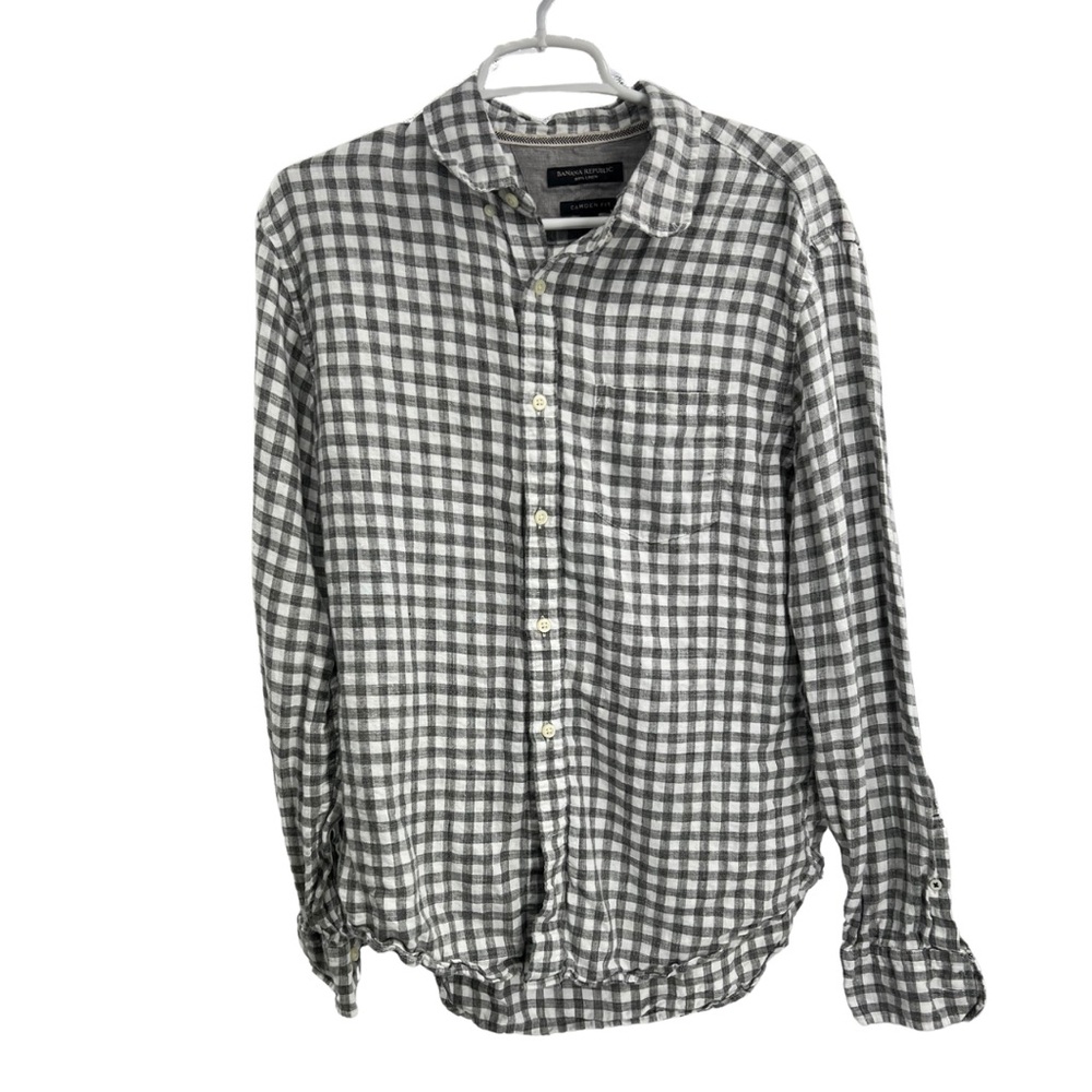 Banana Republic Camden for 100% linen button up gray white plaid shirt casual